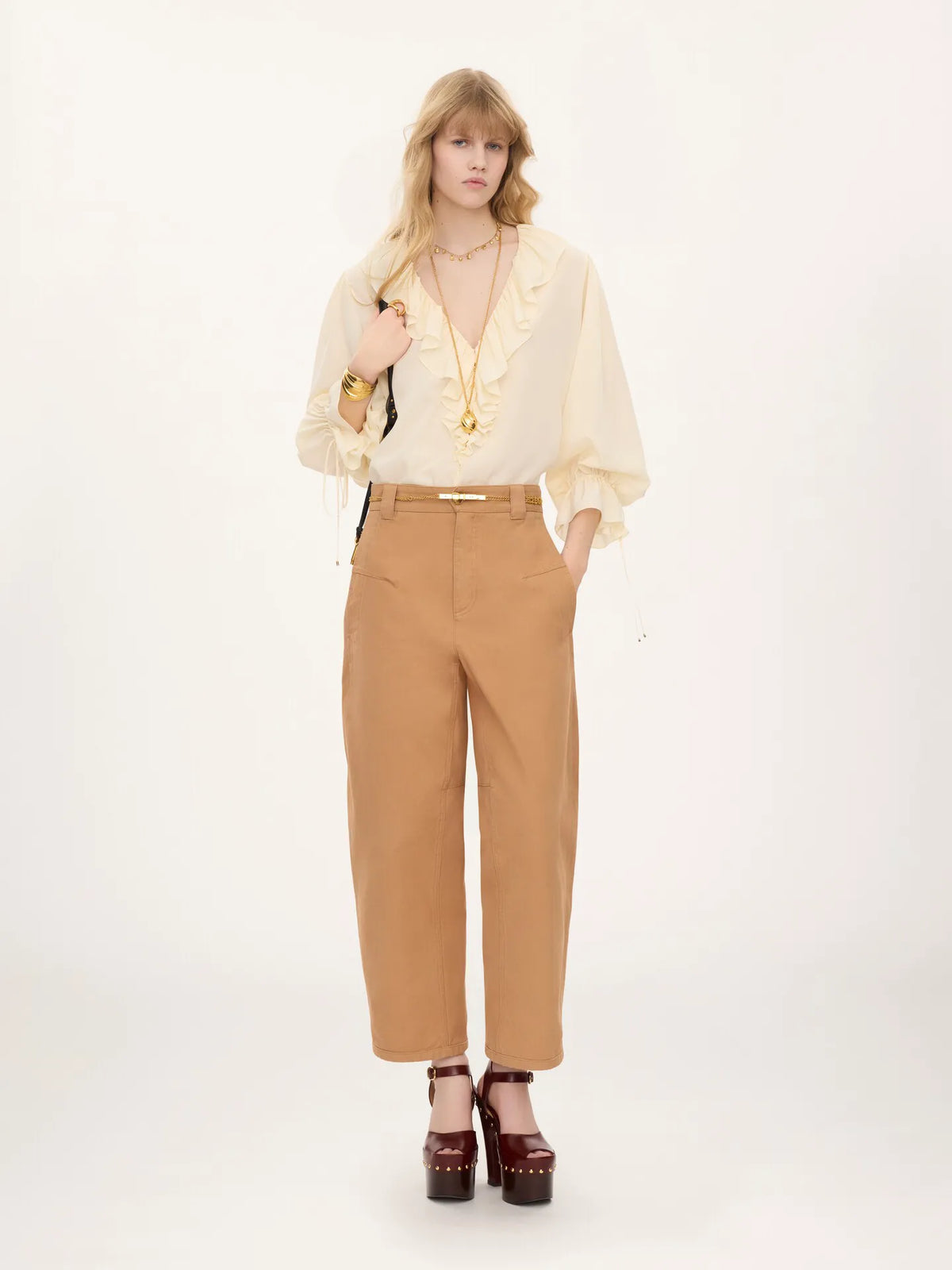 V-neck ruffle top in crêpe de chine
