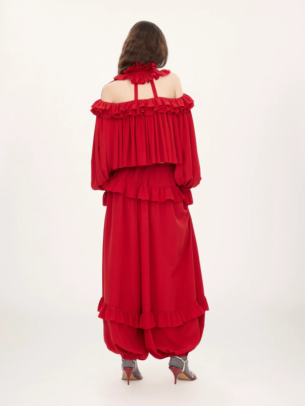 Fluid ruffled pants in silk jacquard