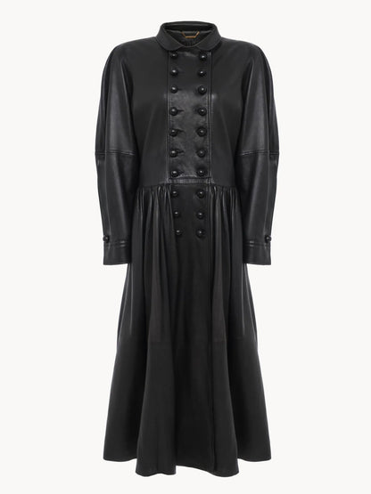Oversized long riding coat in leather