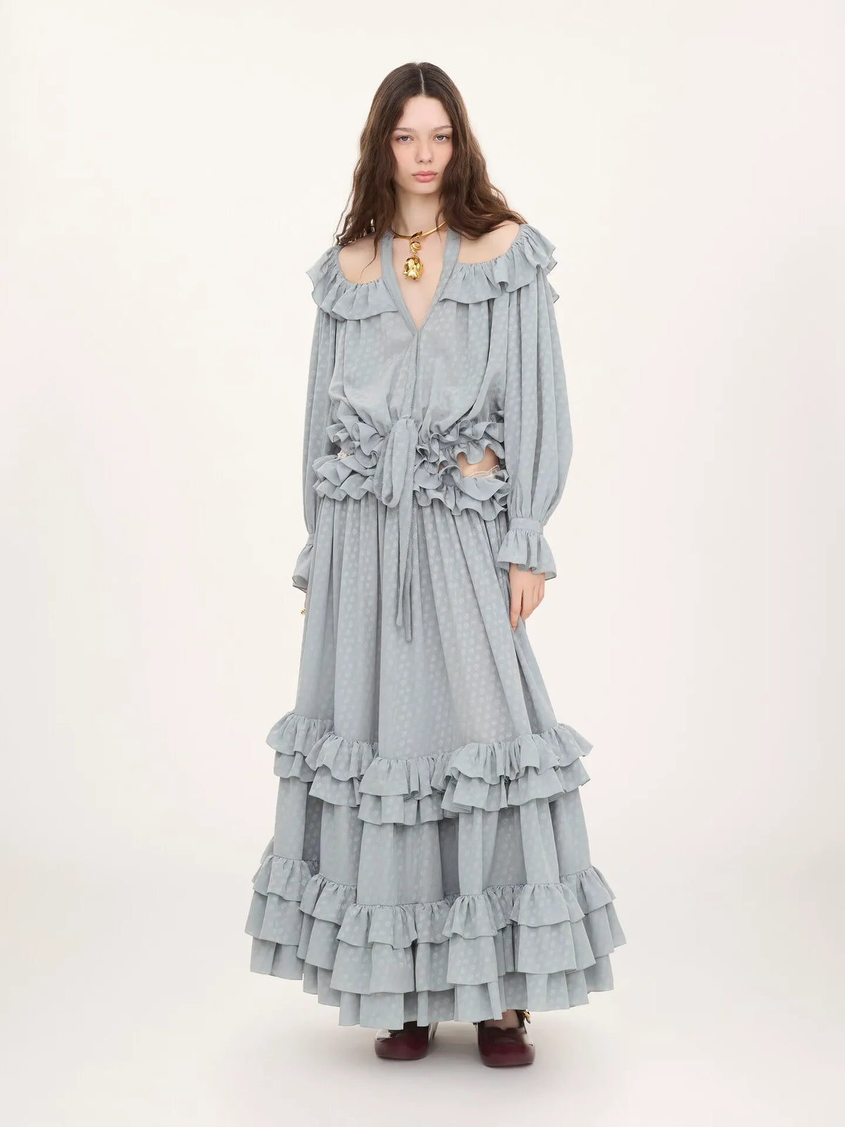 Cut-out long ruffled dress in silk jacquard