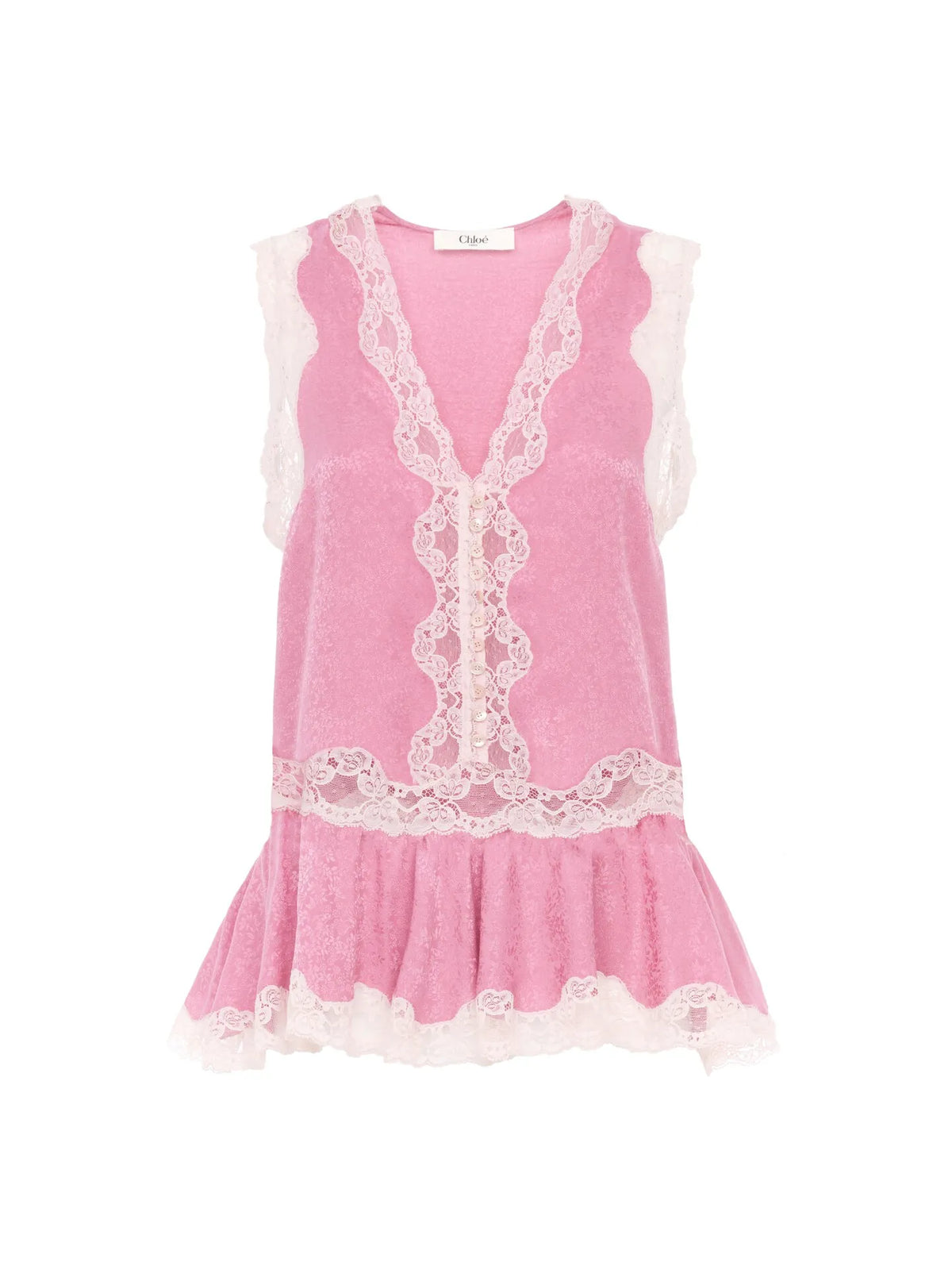 Sleeveless peplum top in silk jacquard & lace
