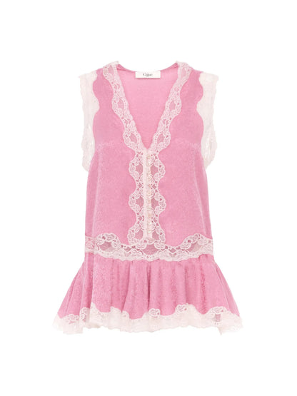Sleeveless peplum top in silk jacquard & lace