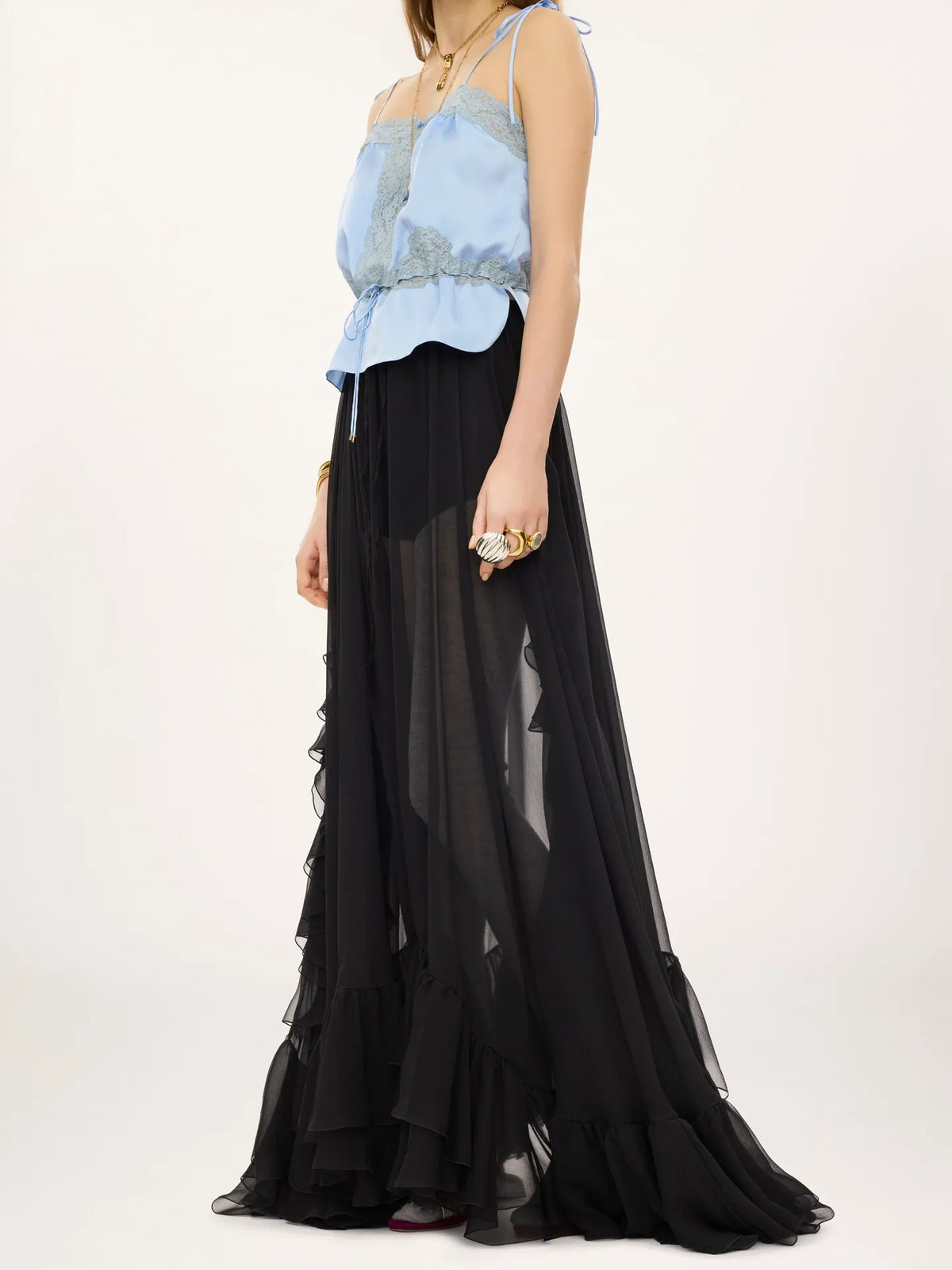 Ruffled long skirt in silk mousseline