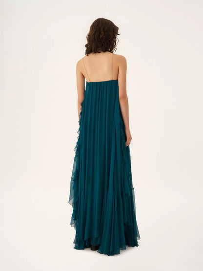 Sleeveless long dress in silk mousseline