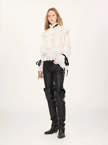 Tie-front ruffle top in silk mousseline & lace