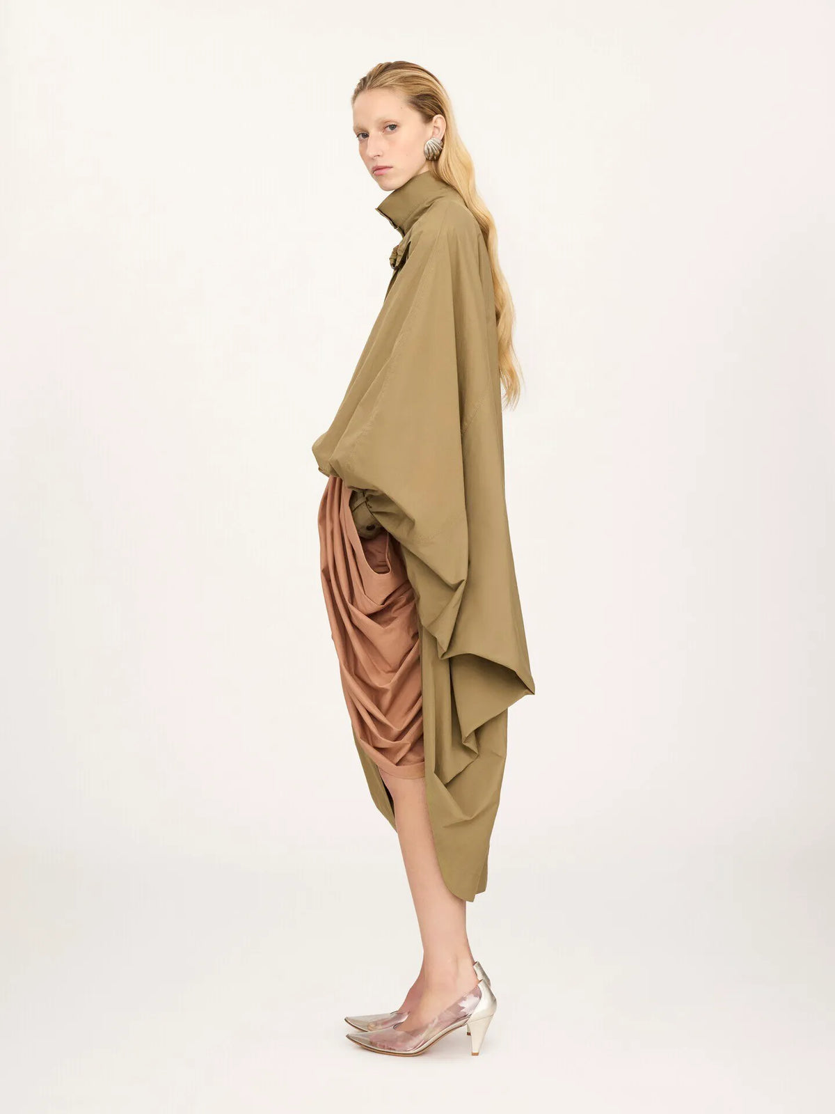 High-neck oversized cape coat in cotton poplin