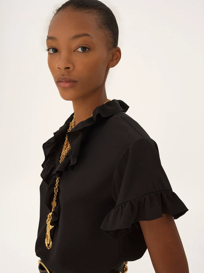 Short-sleeve ruffle top in crêpe de chine