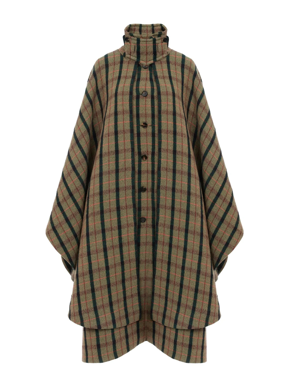Layered long cape coat in brushed check wool