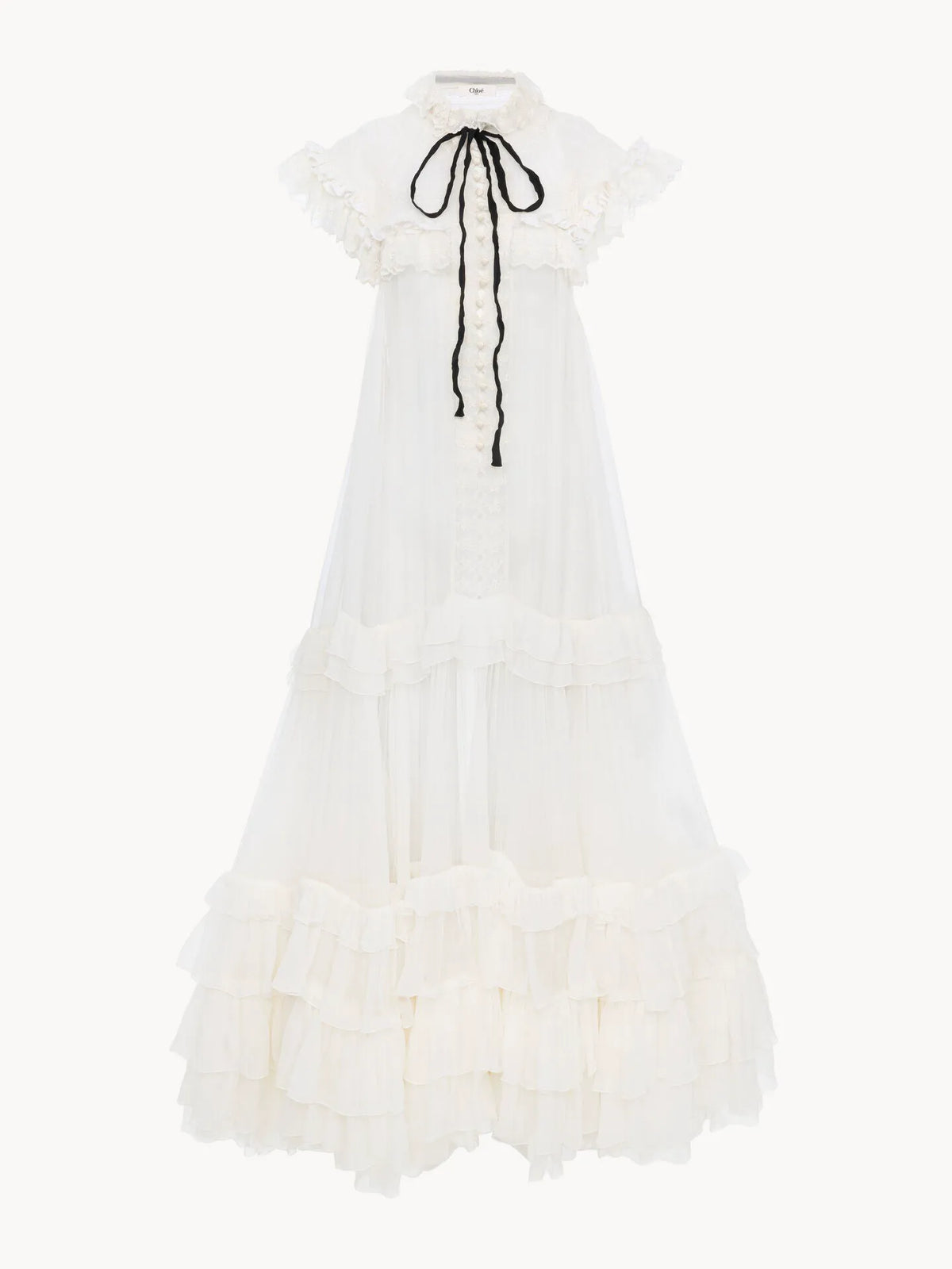 Tie-front ruffled long dress in silk mousseline & lace