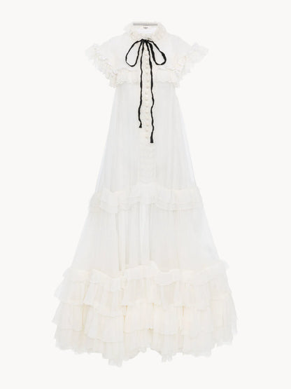 Tie-front ruffled long dress in silk mousseline & lace