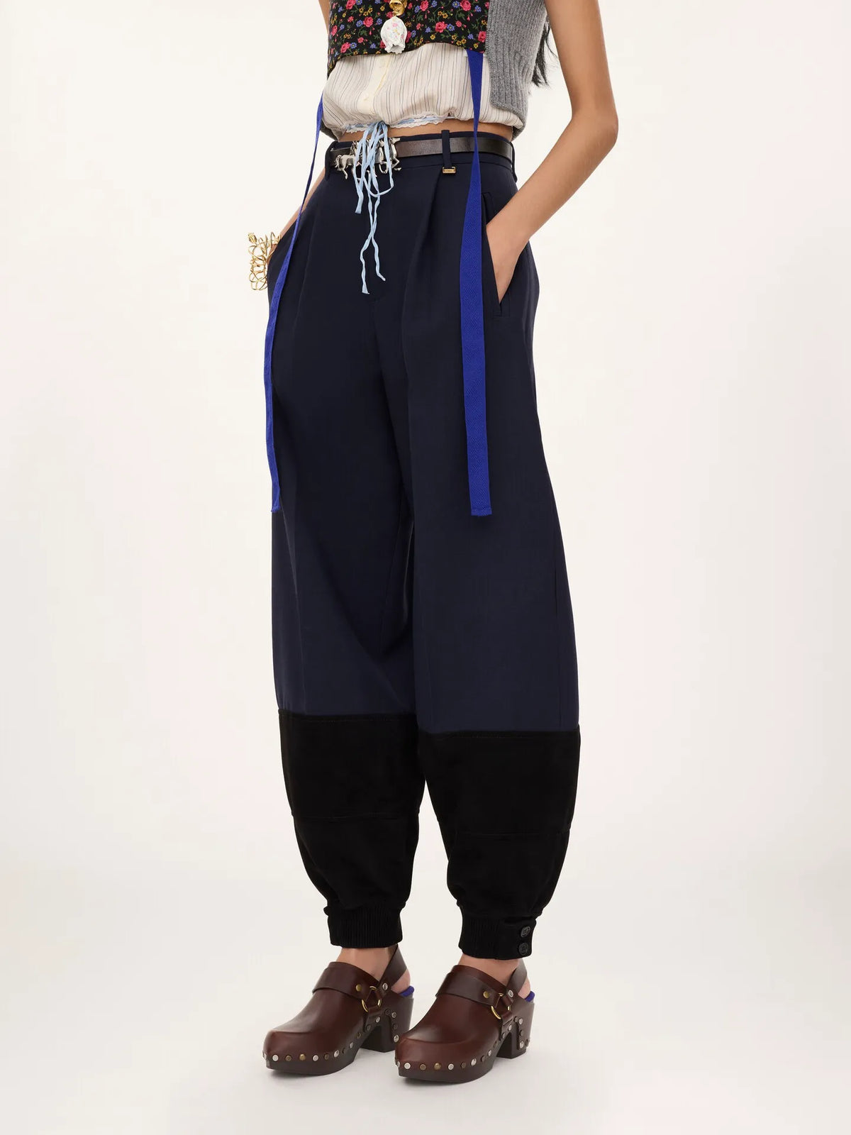 High-rise barrel pants in wool crêpe & suede leather