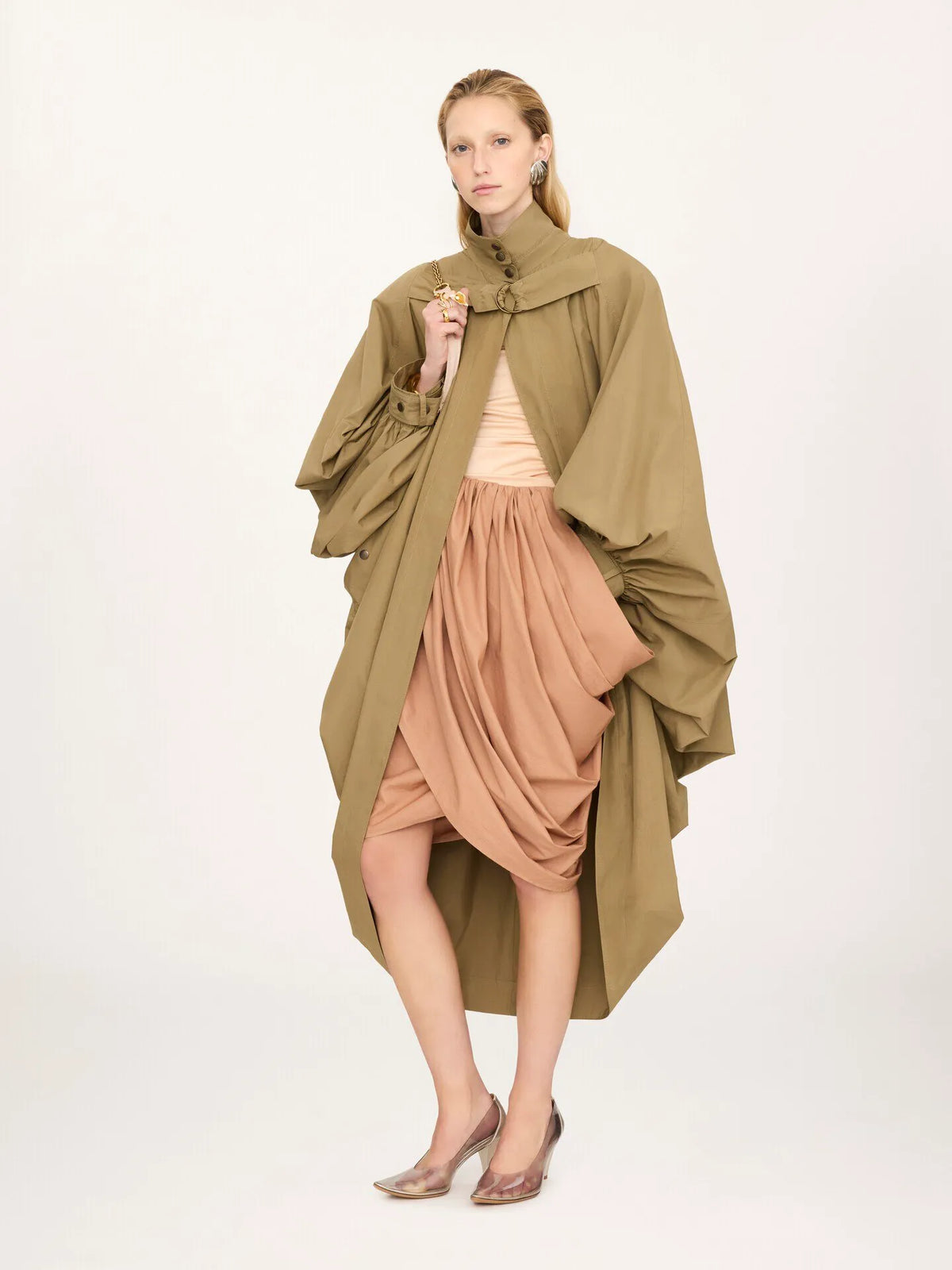 High-neck oversized cape coat in cotton poplin