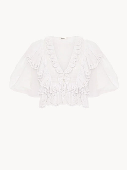 Cropped V-neck ruffle top in cotton voile