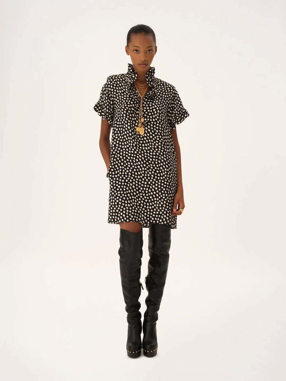 Short-sleeve mini dress in silk jacquard