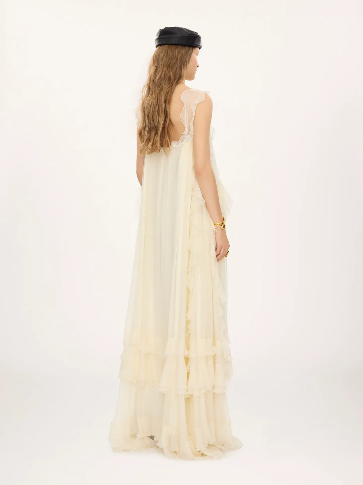 Sleeveless layered long dress in silk mousseline & lace