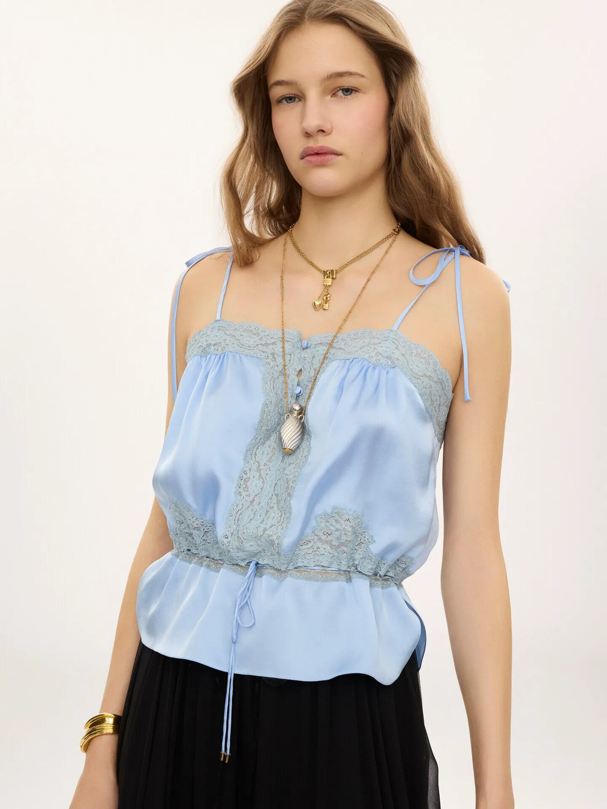Drawstring camisole top in washed silk satin & lace