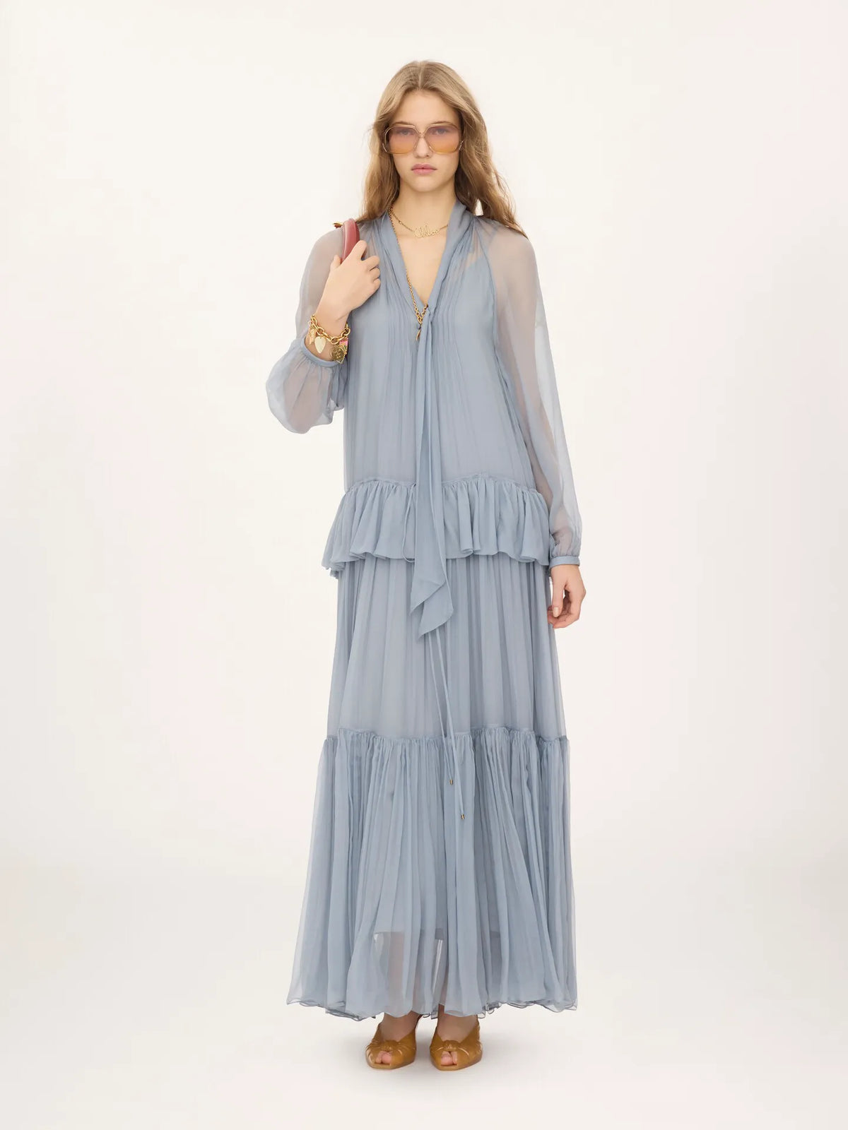 Fluid lavallière long dress in silk mousseline