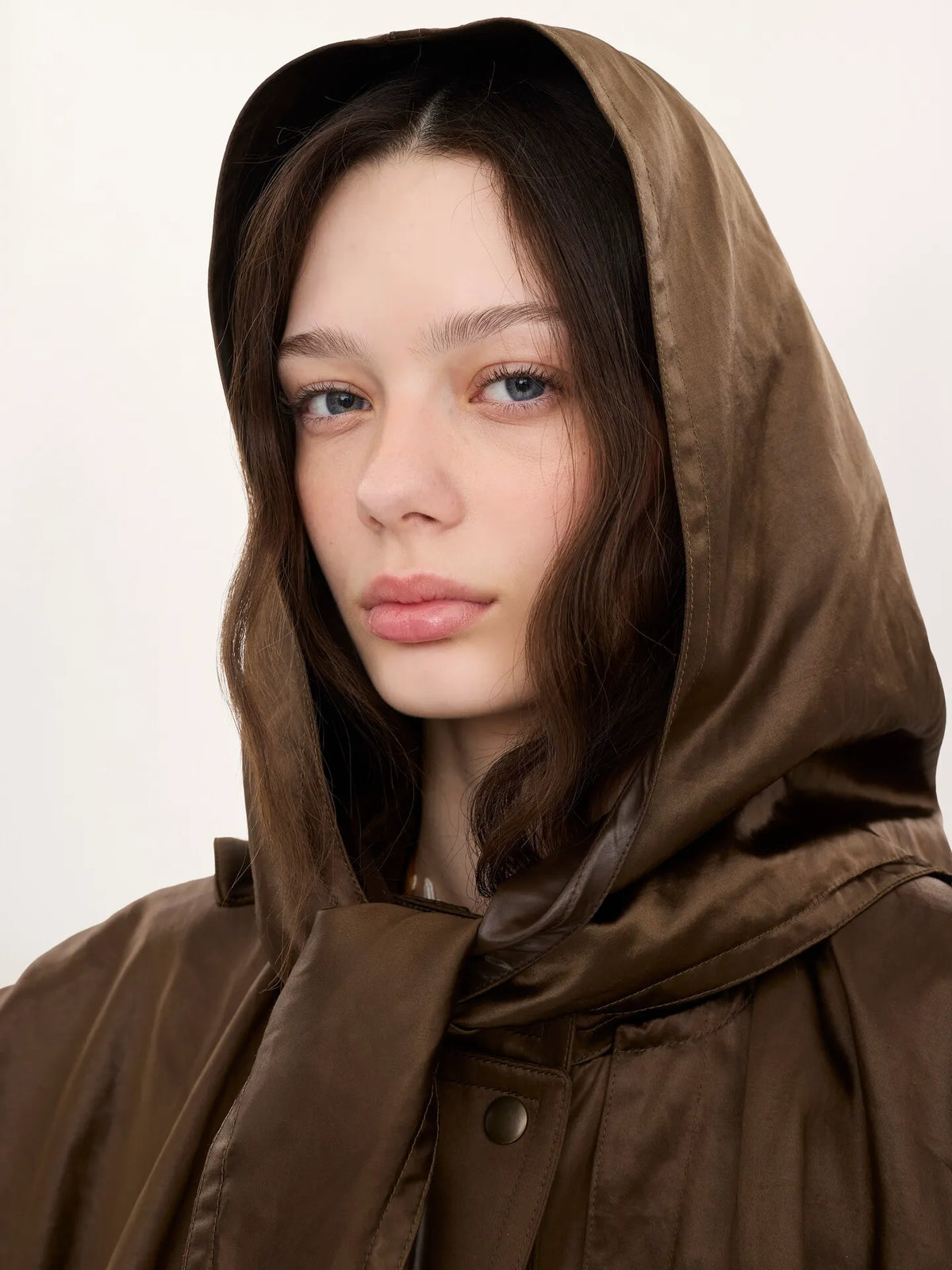 Hooded long cape coat in satin