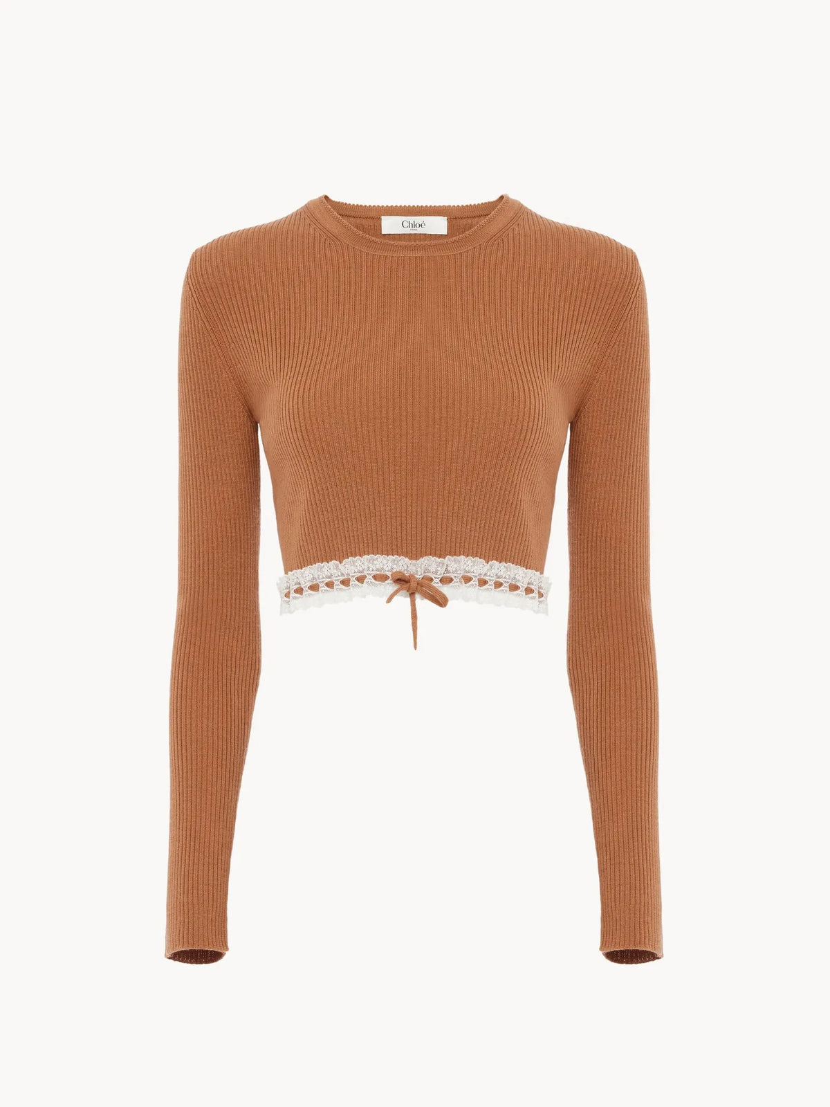 Cropped fitted sweater in a wool knit & lace