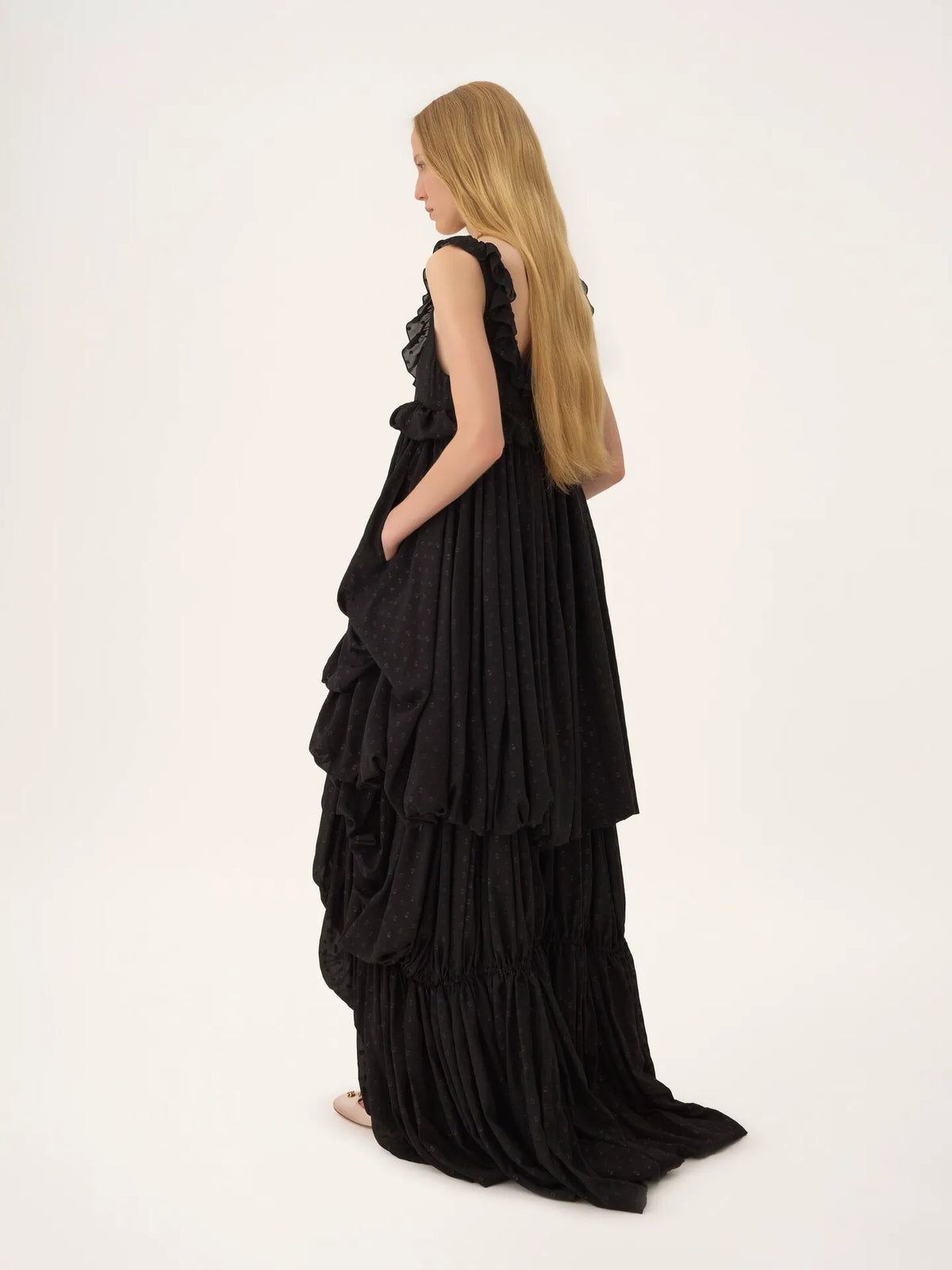 High-low sleeveless dress in silk georgette jacquard & lurex