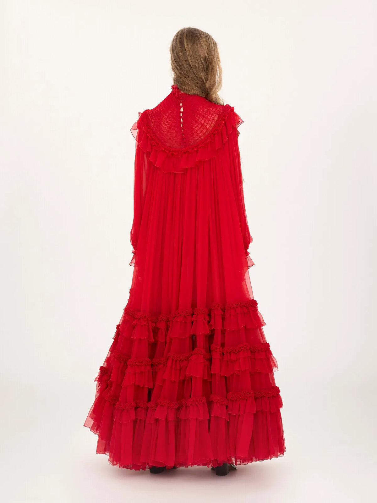 High-neck ruffled long dress in silk mousseline