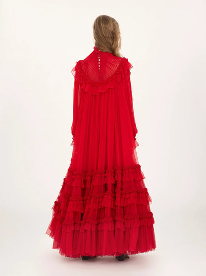 High-neck ruffled long dress in silk mousseline