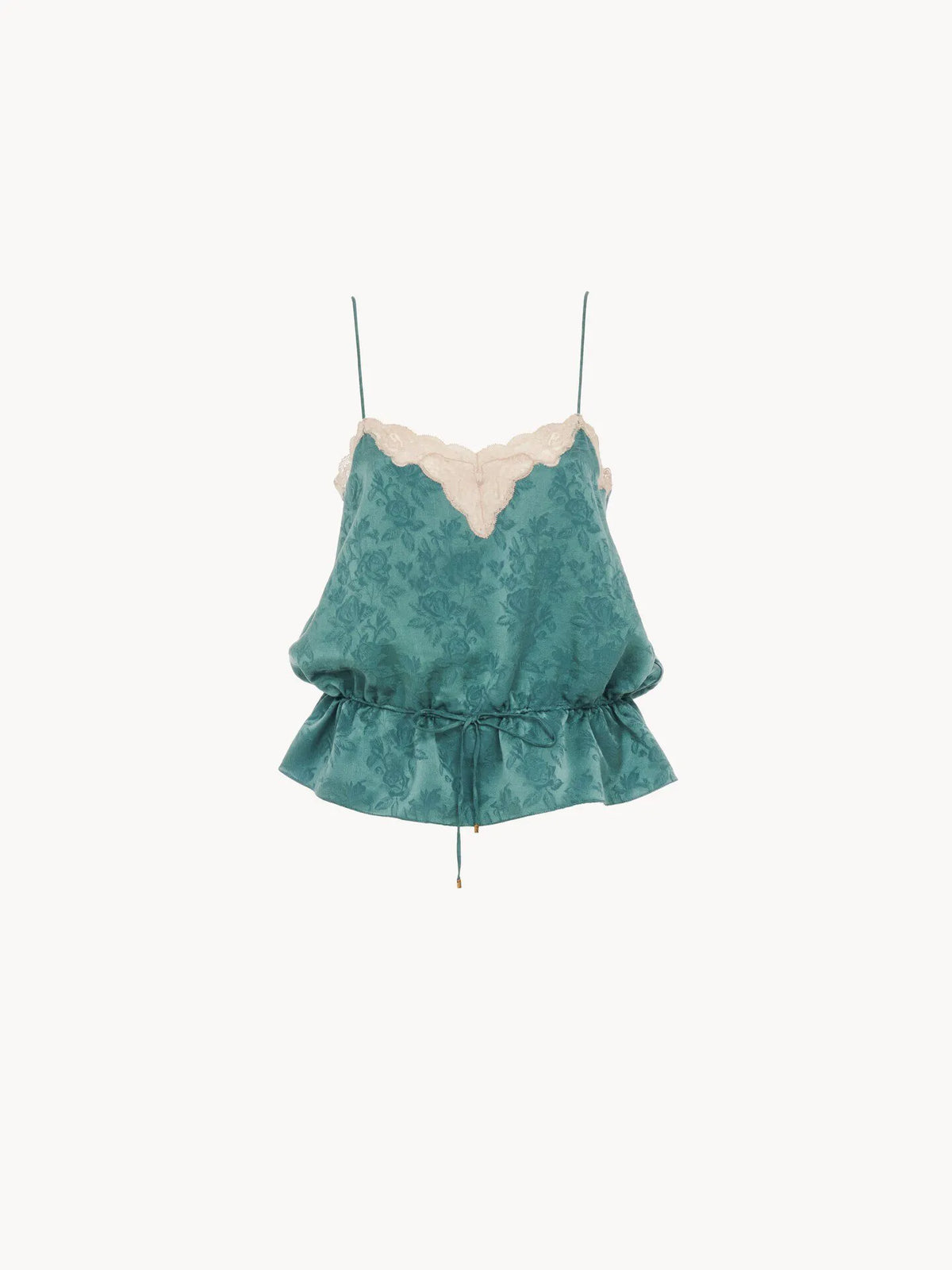 Drawstring camisole top in silk jacquard & lace