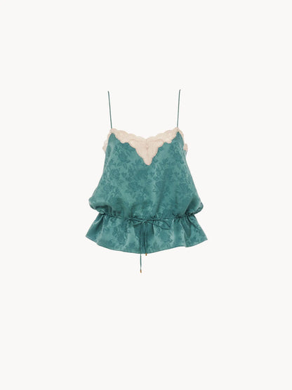 Drawstring camisole top in silk jacquard & lace