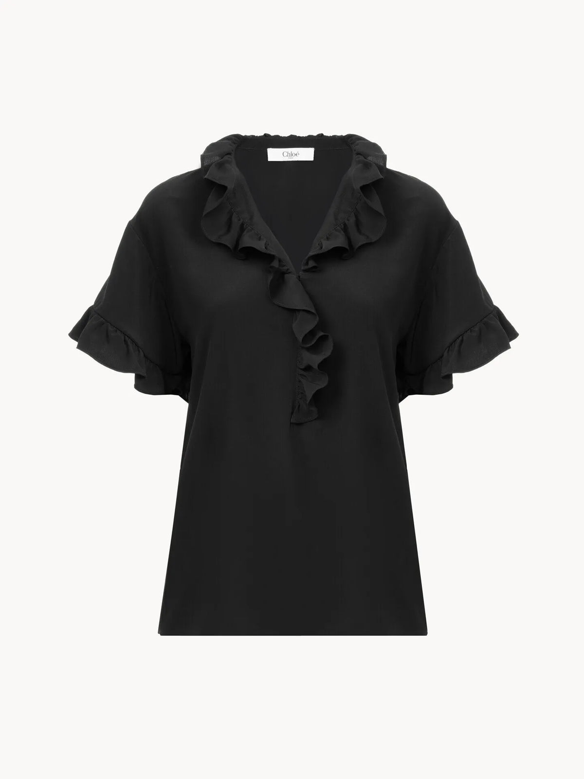 Short-sleeve ruffle top in crêpe de chine