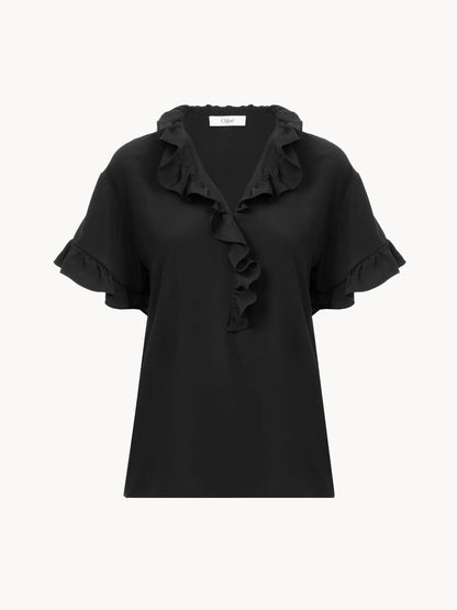 Short-sleeve ruffle top in crêpe de chine