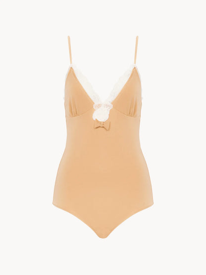 Lace-trimmed ruched bodysuit