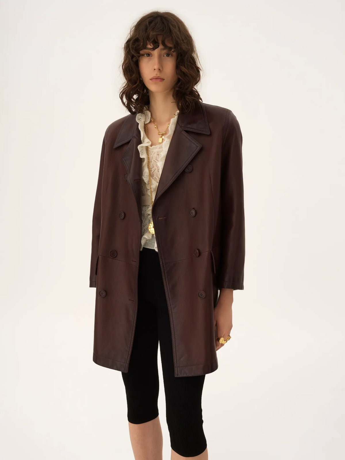 Double-breasted carcoat in leather