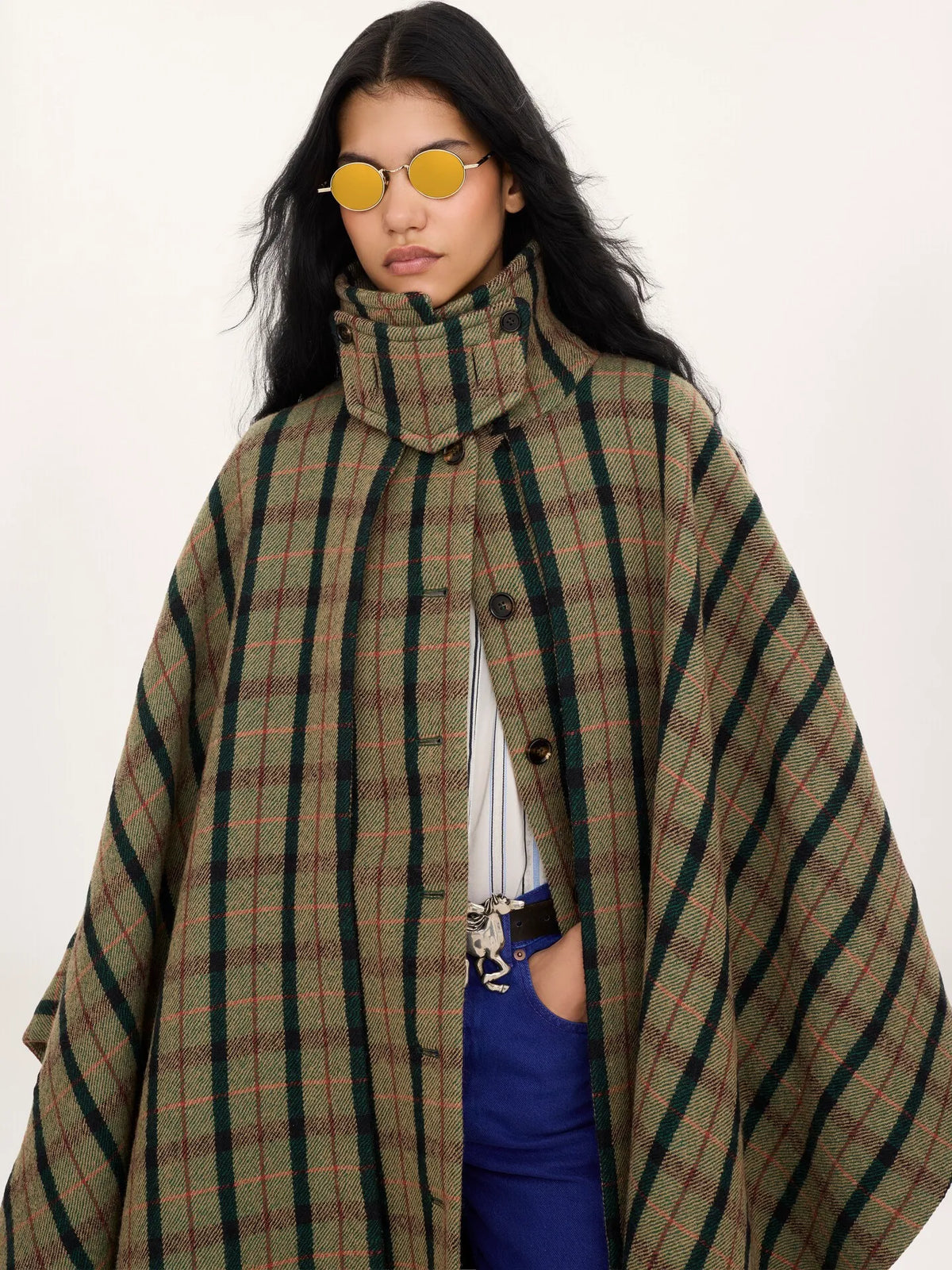 Layered long cape coat in brushed check wool