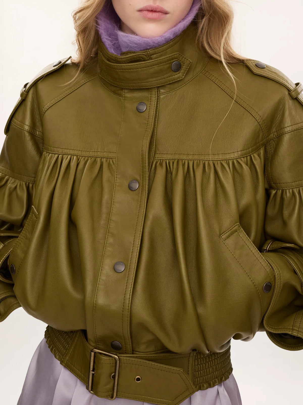 High-neck cropped jacket in leather