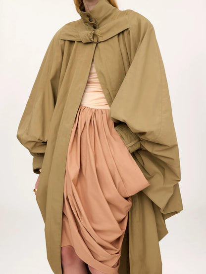 High-neck oversized cape coat in cotton poplin