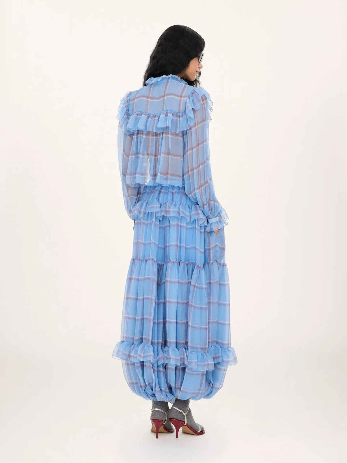 Fluid pleated pants in check silk mousseline