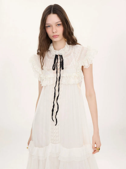 Tie-front ruffled long dress in silk mousseline & lace