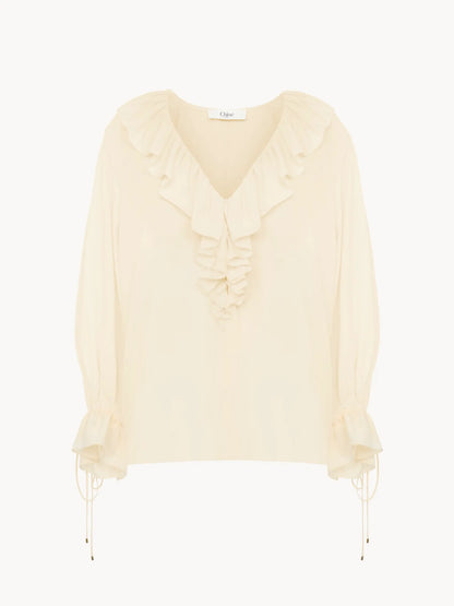 V-neck ruffle top in crêpe de chine