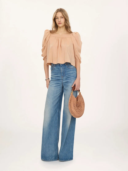 Puff-sleeve pleated top in crêpe de chine