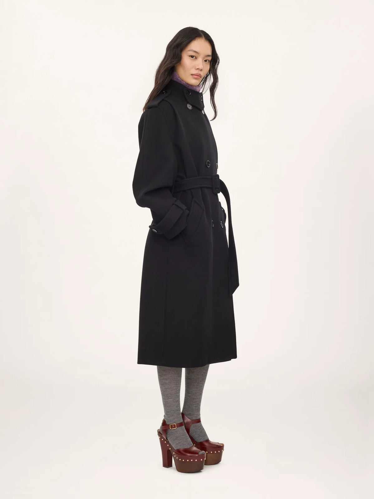 High-neck long coat in double-face wool