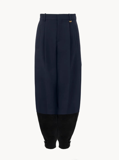 High-rise barrel pants in wool crêpe & suede leather
