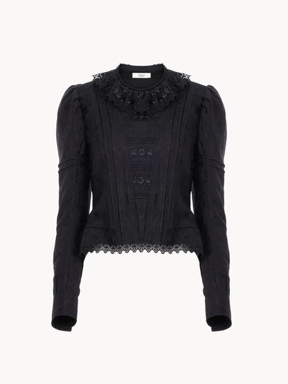 Fitted jacket in silk-blend jacquard & lace
