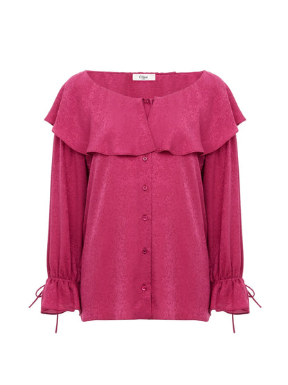 Round-neck ruffle blouse in silk jacquard