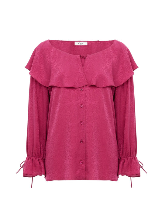 Round-neck ruffle blouse in silk jacquard