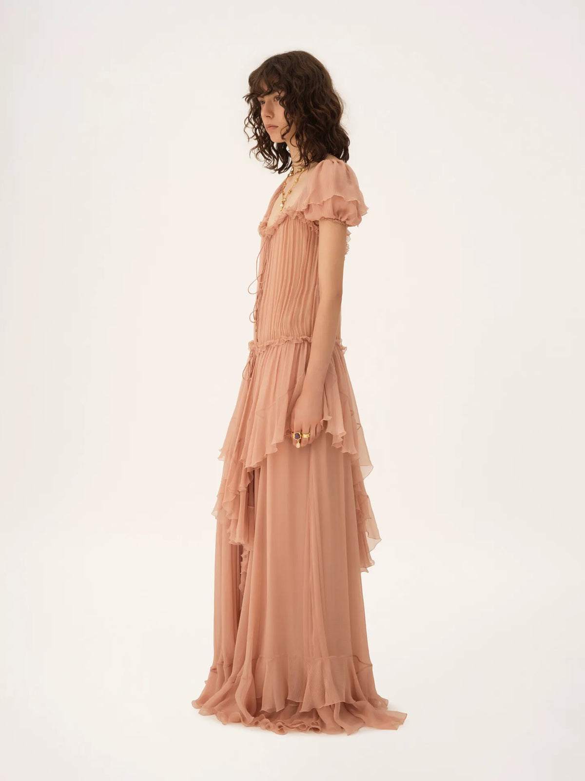 Gathered long ruffled dress in silk mousseline