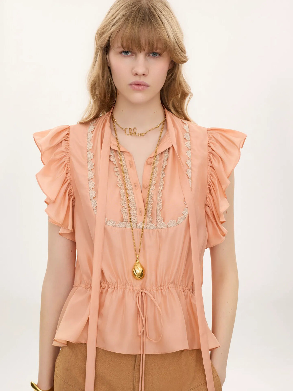 Short-sleeve ruffle top in washed silk habotai & lace