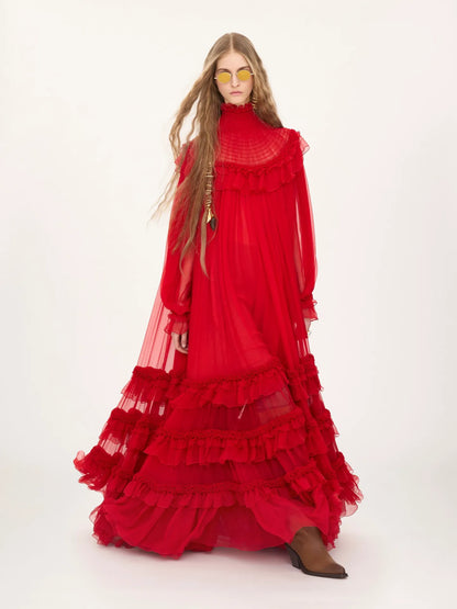 High-neck ruffled long dress in silk mousseline