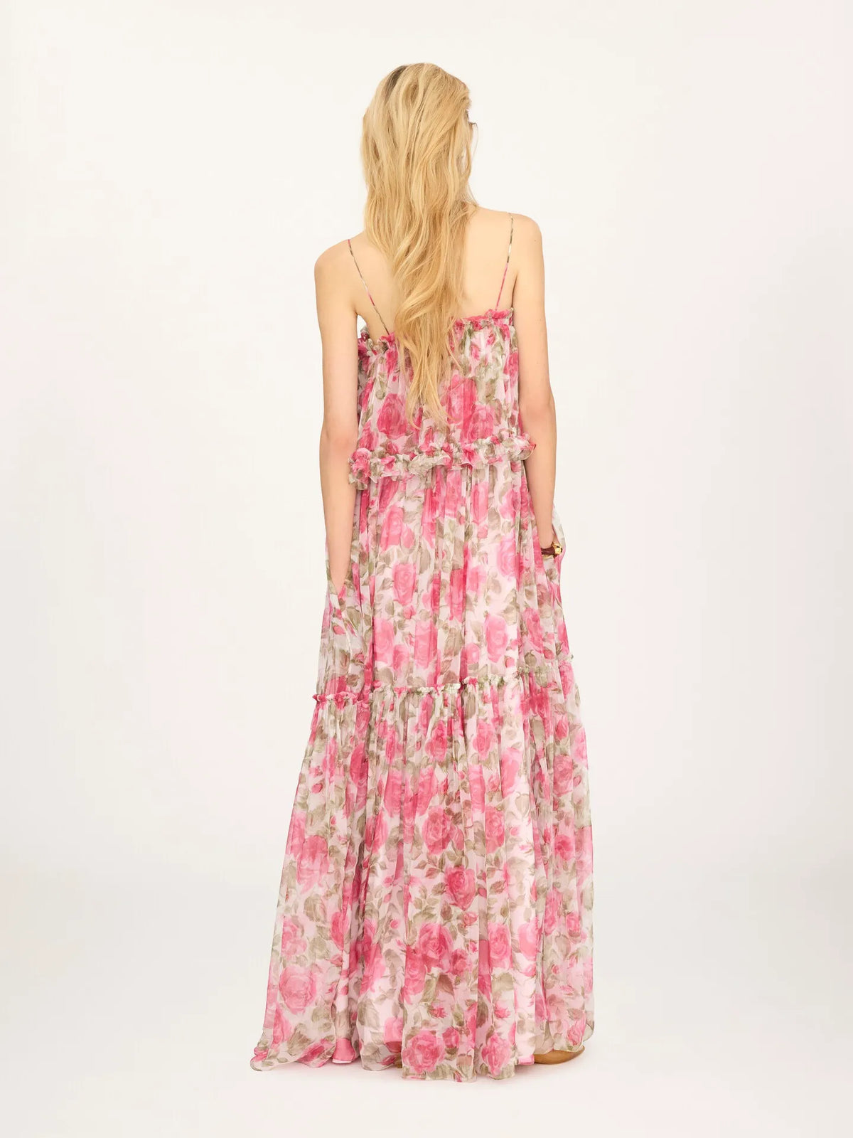Thin-strap long dress in silk mousseline