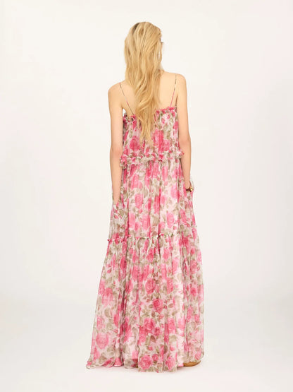 Thin-strap long dress in silk mousseline