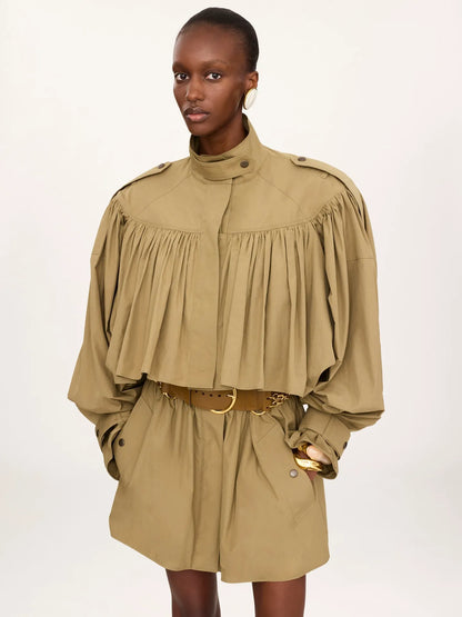 High-neck short trench coat in cotton poplin